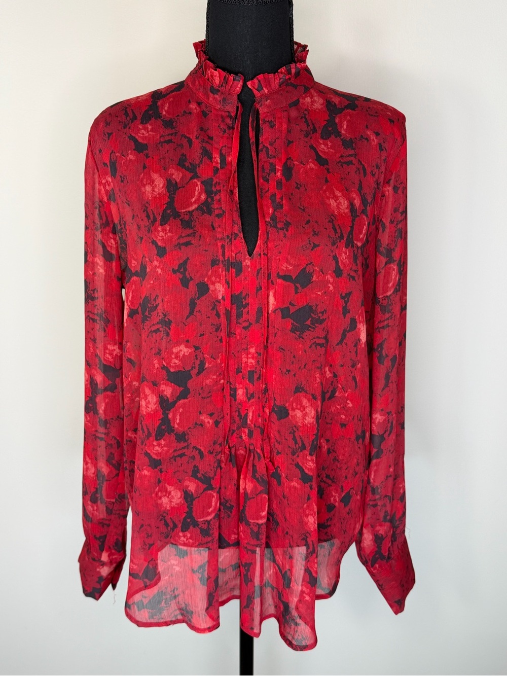 Joe Fresh Blouse Womens Large Red High Neck Long Sleeve Sheer Floral Tunic